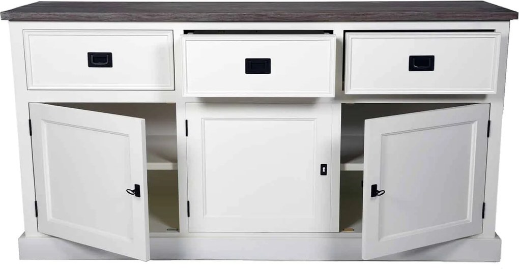 Comodă TV lemn masiv alb Lahoma 6 compartimente /Maro, 165 × 45 × 85 cm