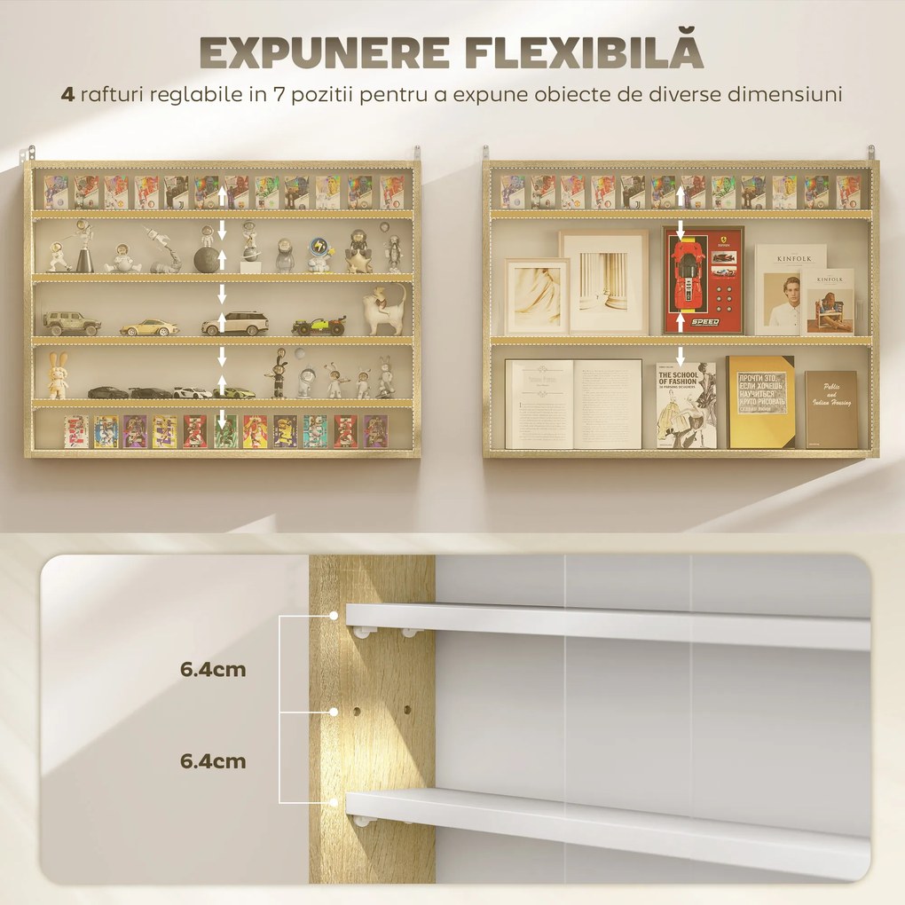 HOMCOM Raft de Perete cu 5 Nivele și Vitrină cu 2 Uși din Sticlă și 4 Rafturi Reglabile | Aosom Romania