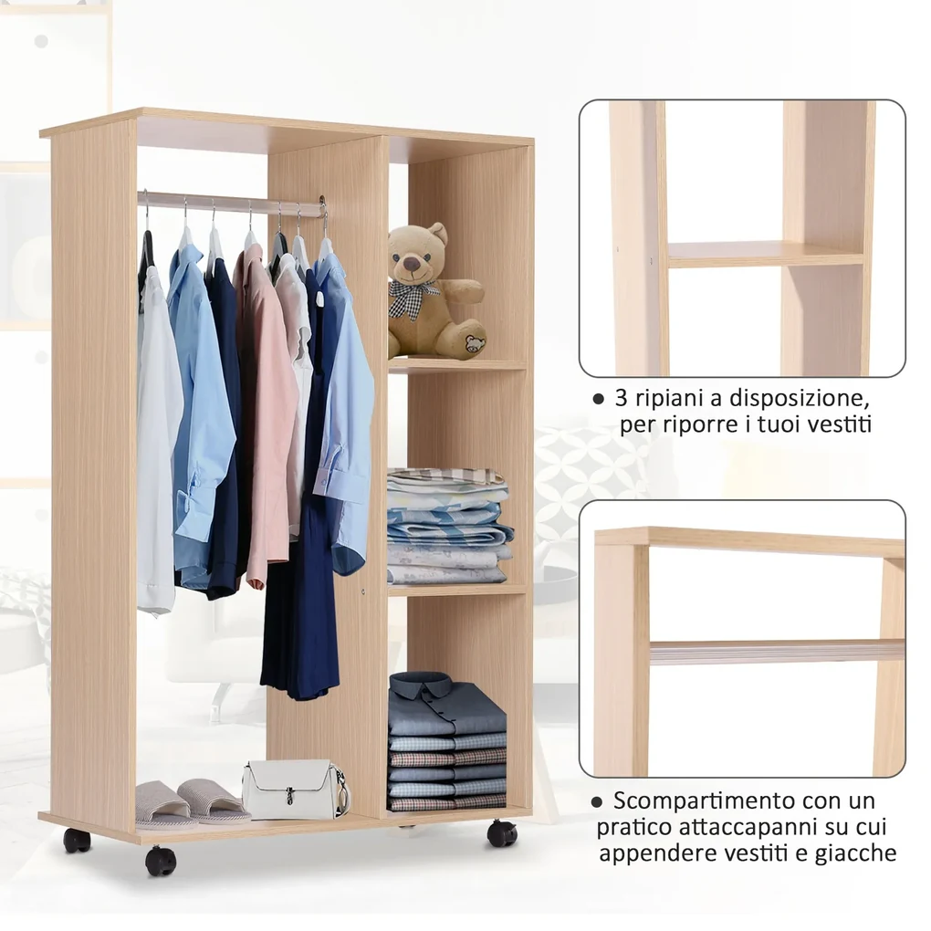 HOMCOM Dulap Multifuncțional cu Cuier și 3 Rafturi, Spațiu Deschis pentru Depozitare, 80x40x128 cm, Ideal pentru Hol | Aosom Romania