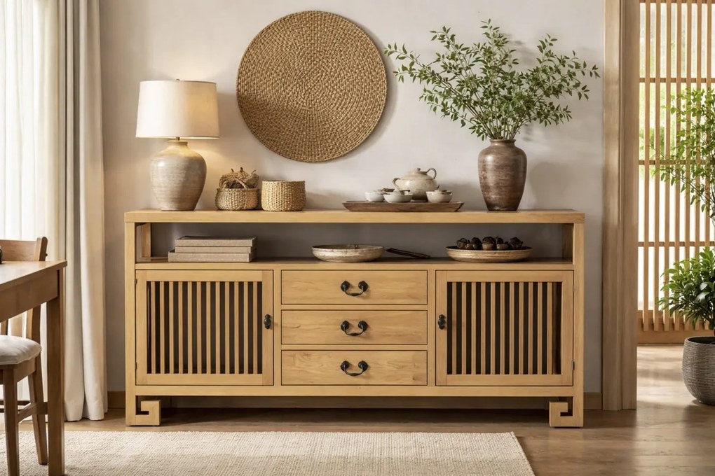 Bufet rustic în stil oriental, din lemn de ulm reciclat, natur, cu 2 uși cu grilaj, 3 sertare și raft deschis, 80 x 170 x 40 cm, „Largentière”