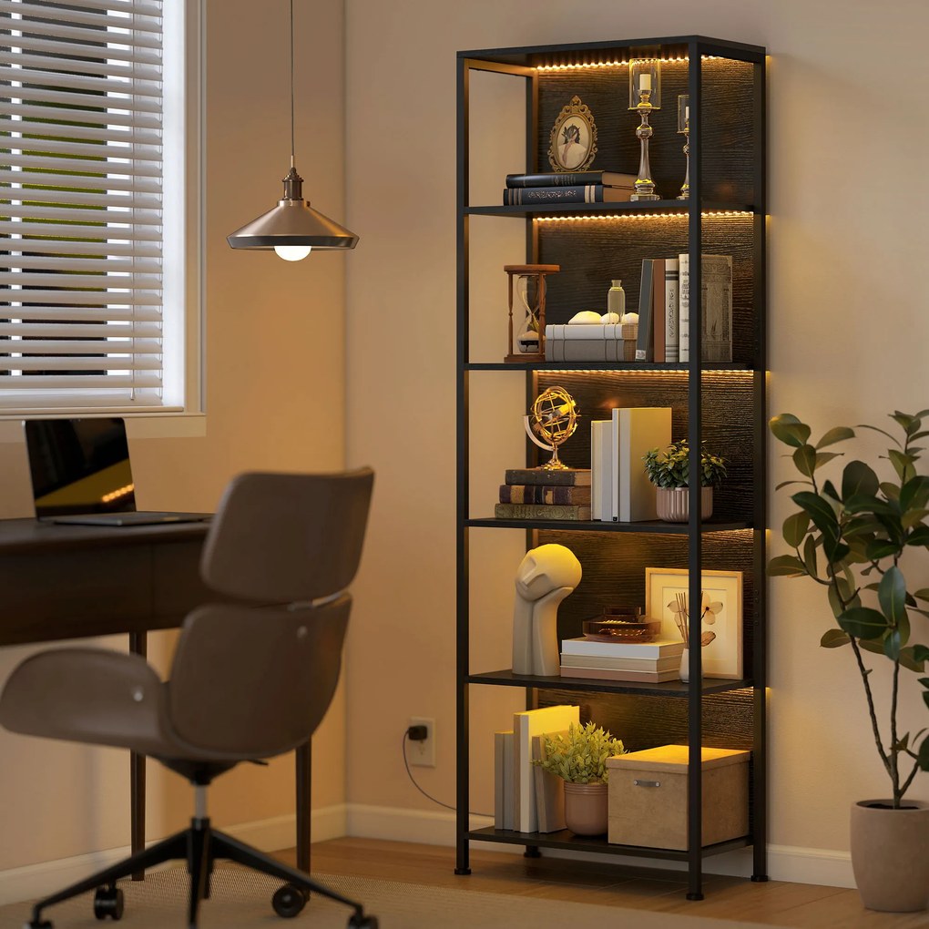 HOMCOM Bibliotecă cu 5 Rafturi, Verticală cu Iluminare LED în 7 Culori, Economisire Spațiu pentru Living, Dormitor și Birou, 60x30x179 cm, Negru | Aosom Romania