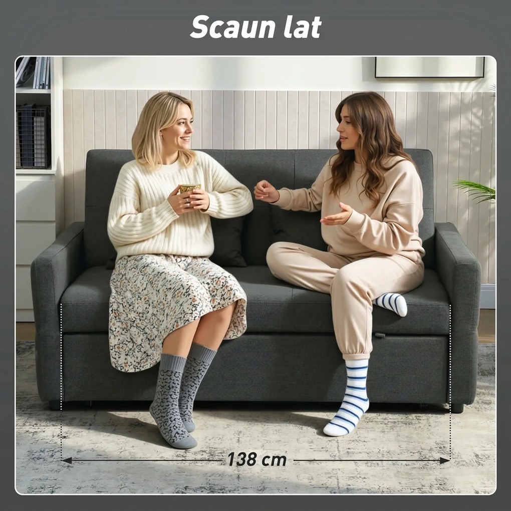 HOMCOM Canapea 2 Locuri Convertibilă în Pat Clic-Clac, cu 2 Perne, din Material Textil, Gri Închis | Aosom Romania