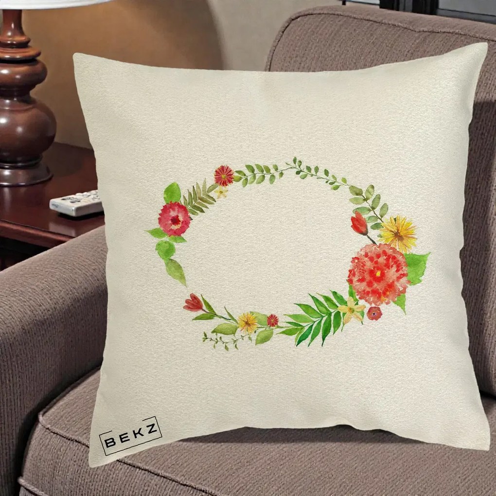 Perna Decorativa Coroana Florala Acuarela, 40x40 cm, Ecru, Husa Detasabila, Perna Inclusa, BEKZ®