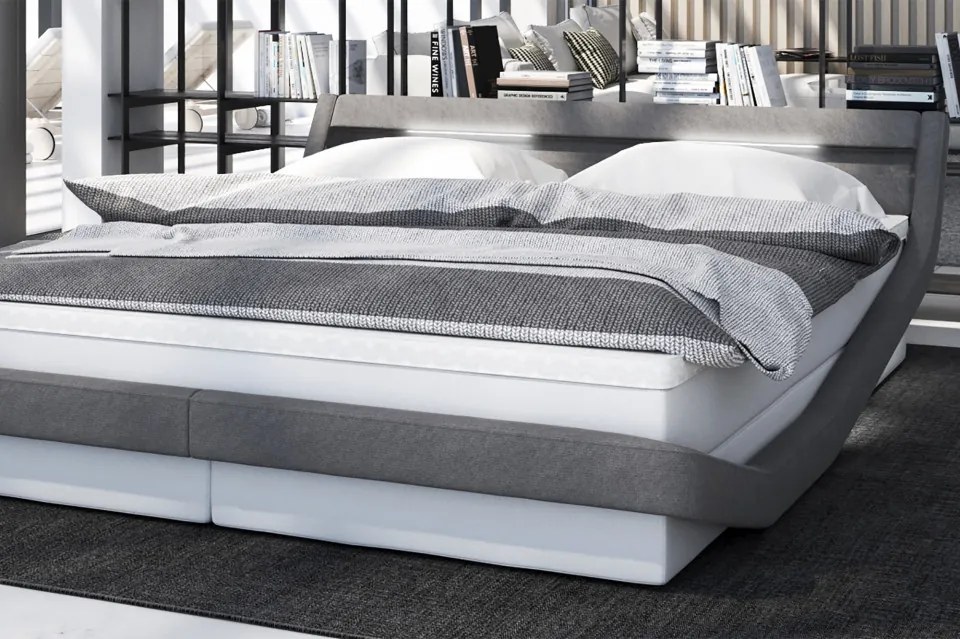 Pat din piele artificiala cu lumini LED 198x232x74 cm alb/gri