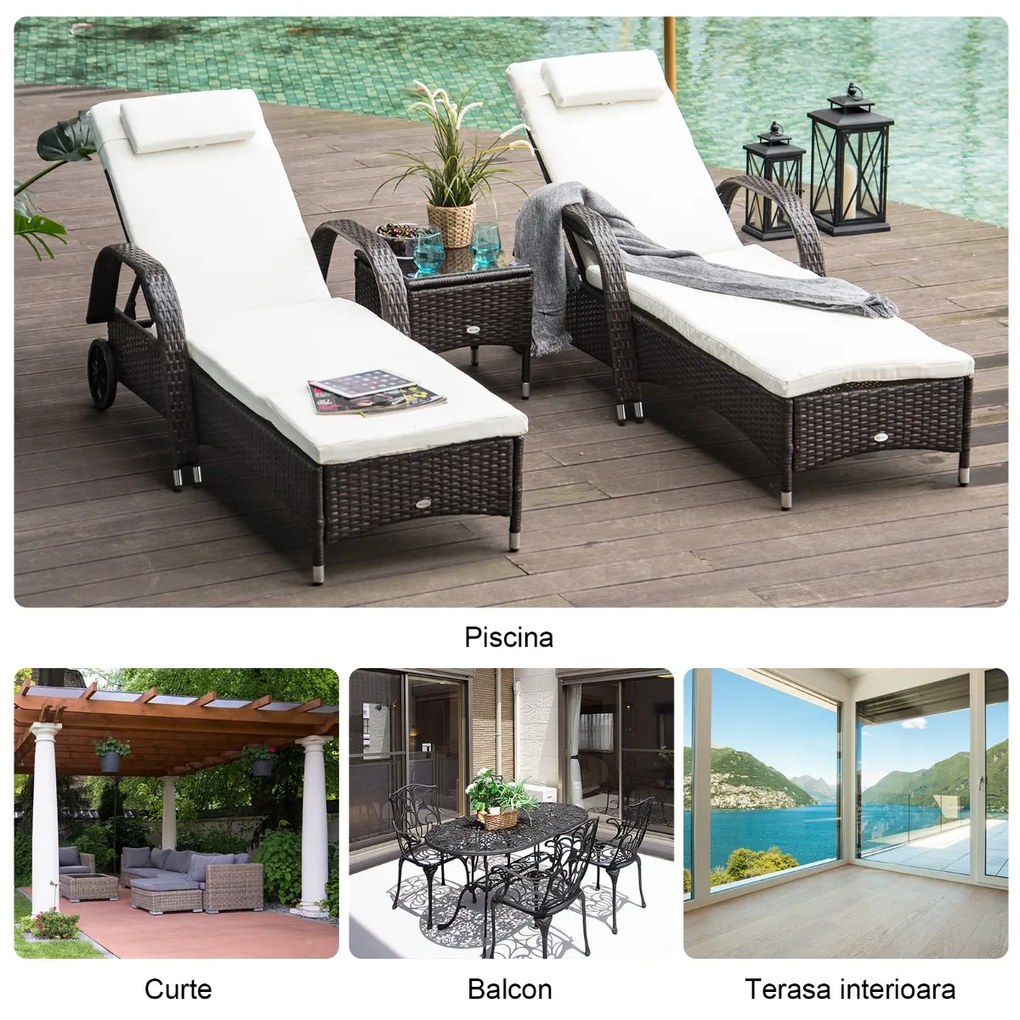 Set mobilier Gradina din Ratan Outsunny, 2 Sezlong Pliabile si Masuta, Maro 200×73×103cm | Aosom.ro | Aosom Romania