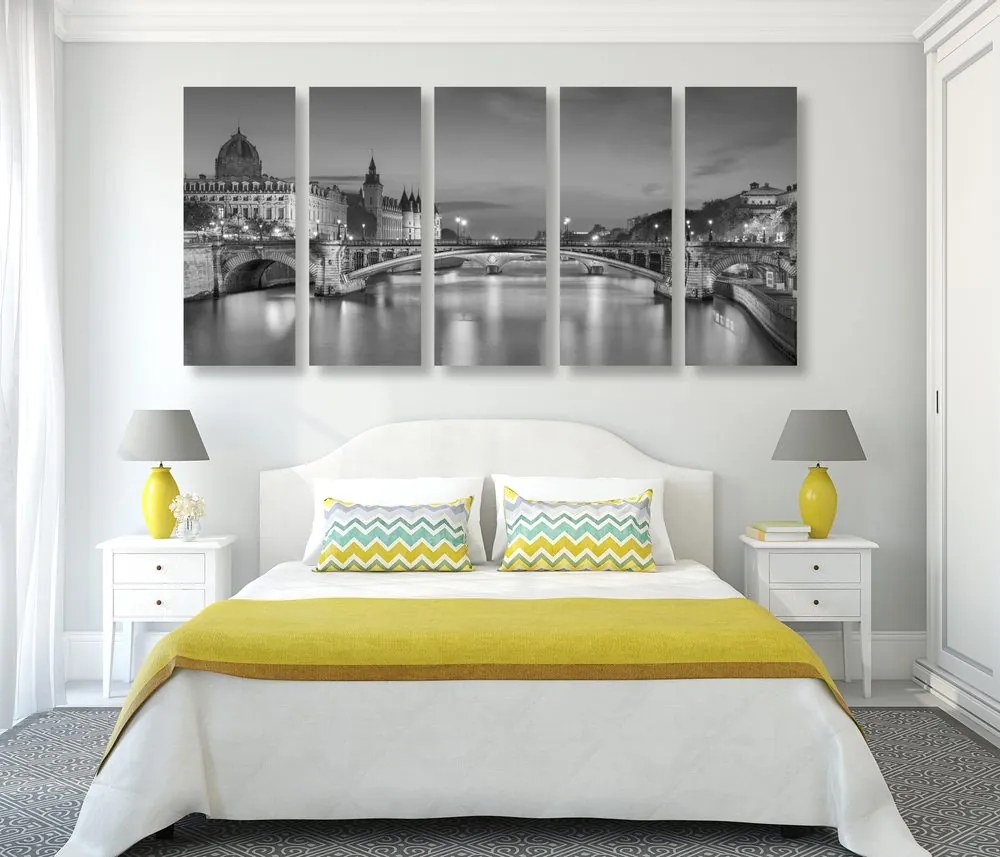 Tablou 5-piese panorama orbitoare ale Parisului în design alb-negru