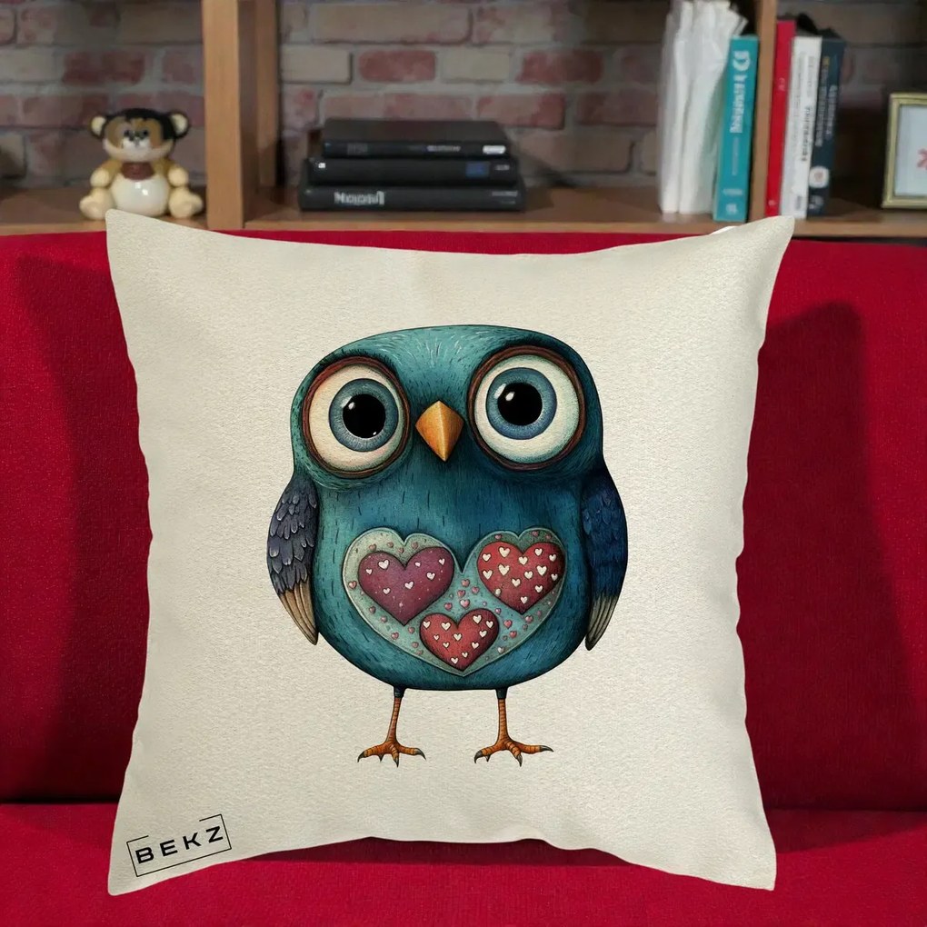 Perna Decorativa Bufnita Teal cu Doua Inimi, 40x40 cm, Ecru, Husa Detasabila, Perna Inclusa, BEKZ®