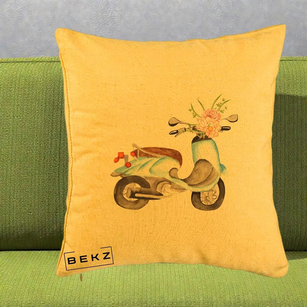 Perna Decorativa Scuter Albastru cu Flori Acuarela, 40x40 cm, Galben, Husa Detasabila, Perna Inclusa, BEKZ®