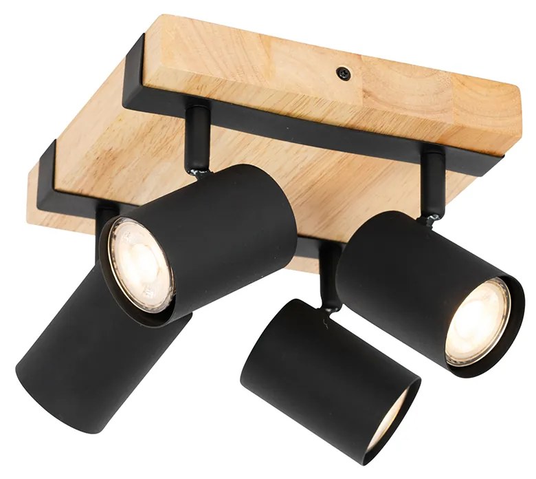 Spot luminos inteligent de tavan negru cu lemn 4 lumini reglabile, inclusiv Wifi GU10 50mm - Jeana
