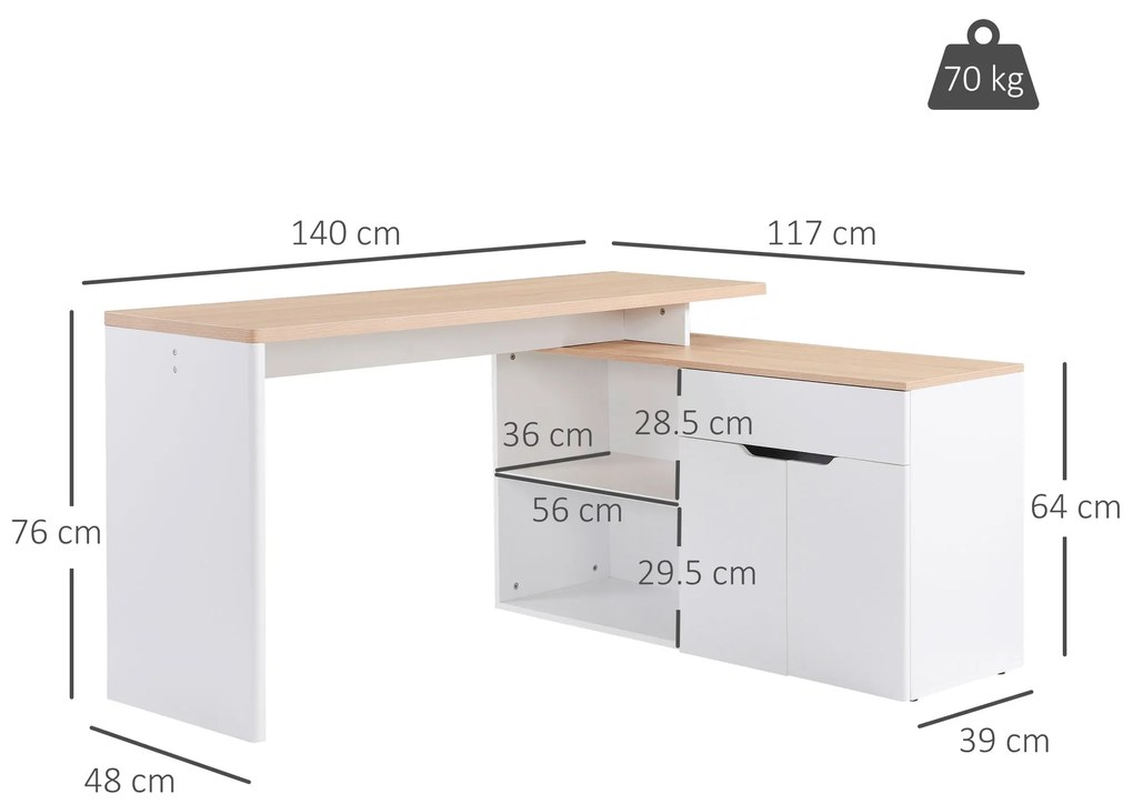 HOMCOM Birou cu Blat Extensibil pentru PC și Bibliotecă, 140x117x76 cm, Alb | Aosom Romania