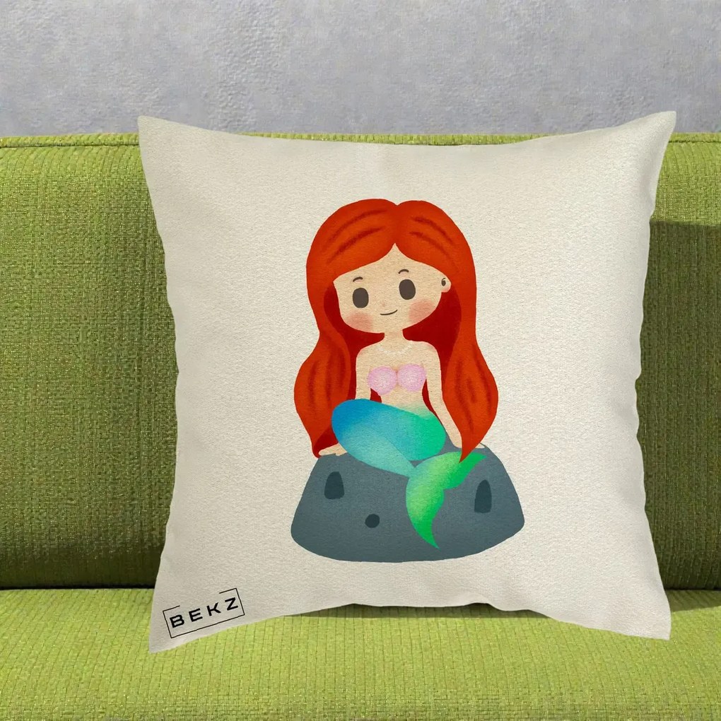 Perna Personalizata Sirena Kawaii Roscat, 40x40 cm, Ecru, Husa Detasabila, Perna Inclusa, BEKZ®