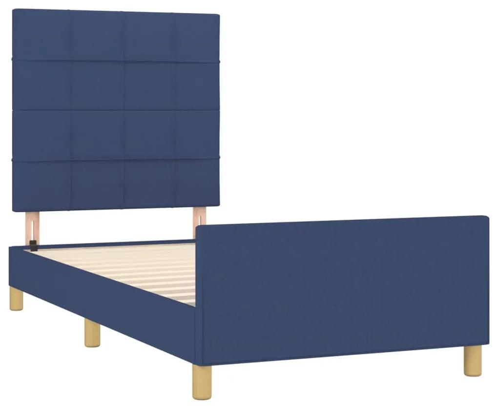 Cadru de pat cu tablie, albastru, 90x200 cm, textil Albastru, 90 x 200 cm, Cu blocuri patrate