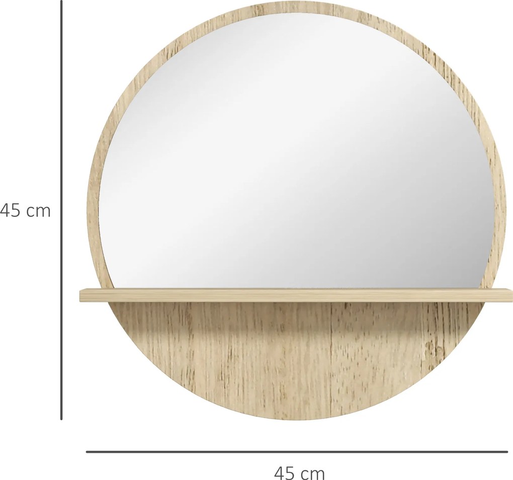 kleankin Oglindă de Baie Rotundă din PAL și Sticlă cu Raft pentru Depozitare și 2 Cârlige pentru Fixare, Ø45x10 cm, Lemn Natural | Aosom Romania