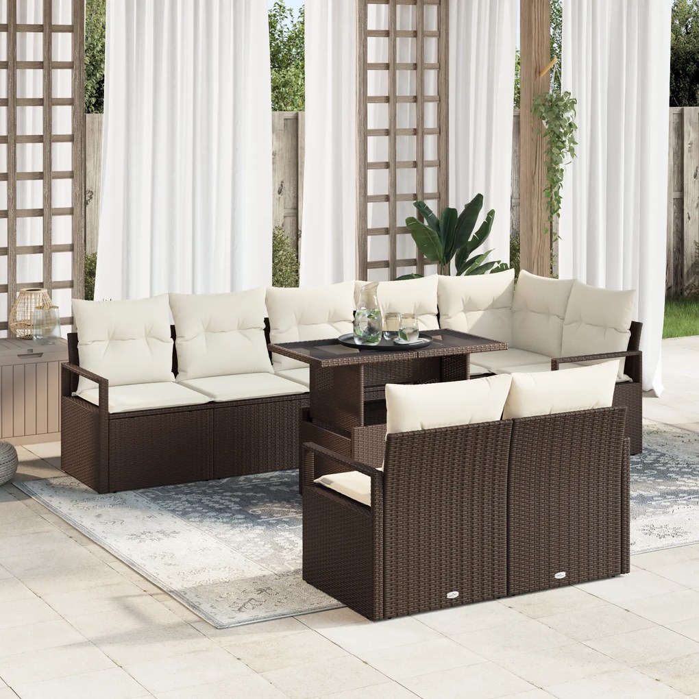 vidaXL Set de canapele pentru grădină - 9 piese cu perne maro din ratan și polyester