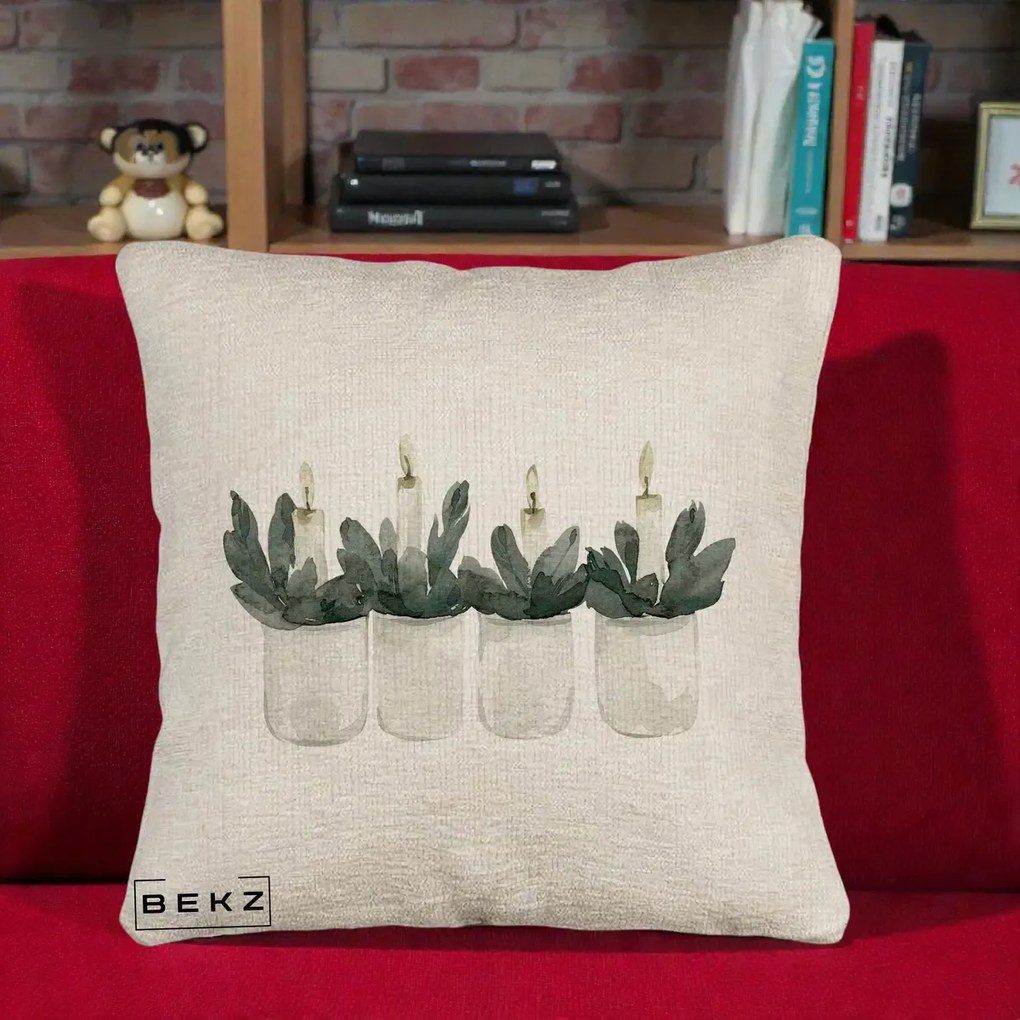 Perna Decorativa Lumanari in Borcane cu Eucalipt, 40x40 cm, Bej Canapea, Husa Detasabila, Perna Inclusa, BEKZ®