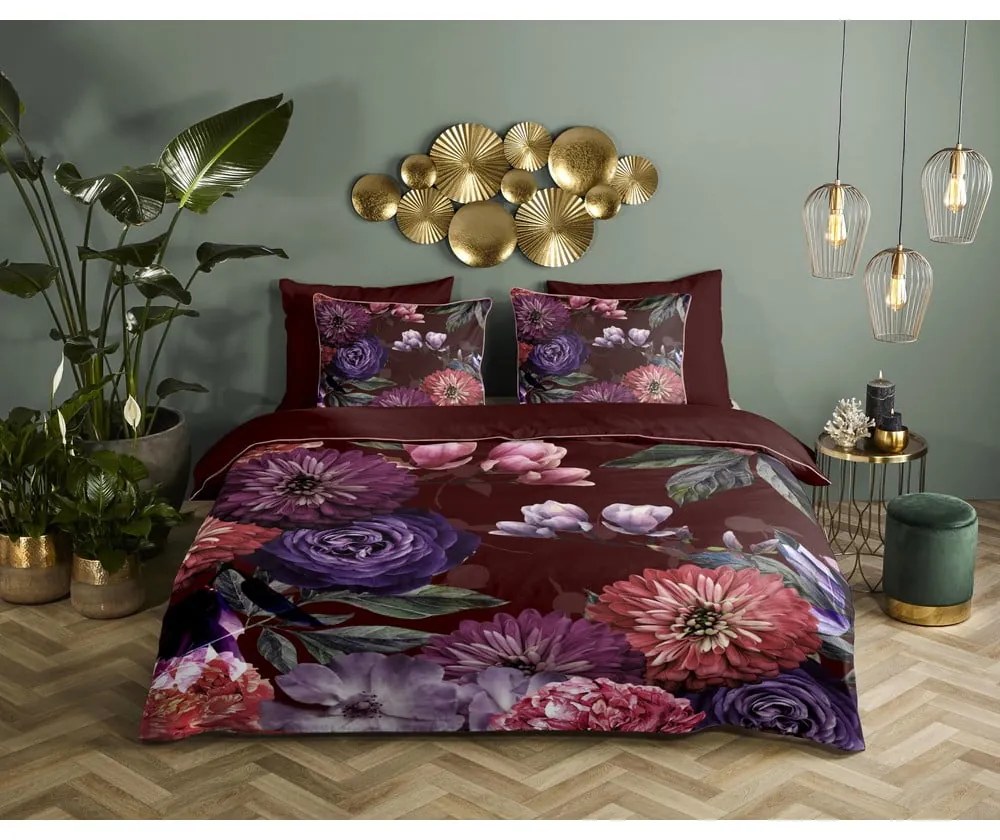 Lenjerie de pat din bumbac organic pentru pat de o persoană Descanso Gerbera, 140 x 220 cm, violet închis