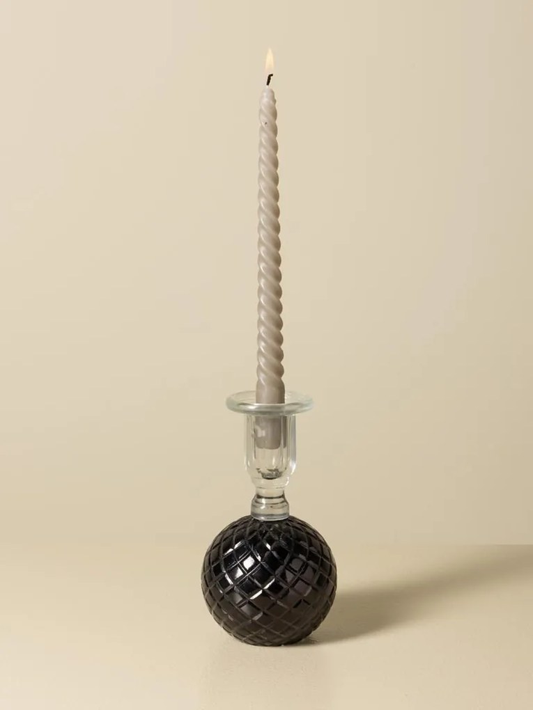 Sfeșnic din sticlă neagră cu bază sferică cu reliefuri romboidale și suport cilindric transparent, finisaj lucios, 16×9 cm, „Verelune"