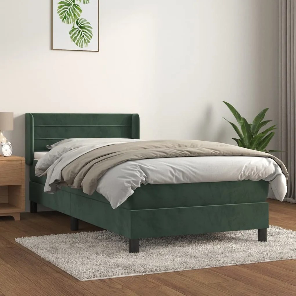 3130994 vidaXL Pat box spring cu saltea, verde închis, 90x190 cm, catifea