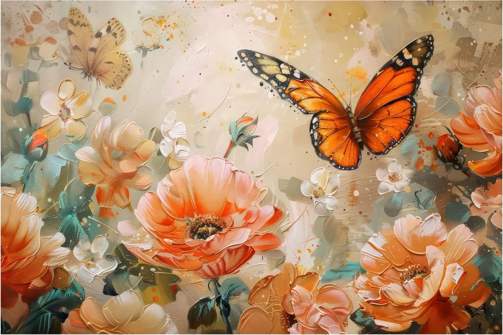 Tablou - Fluture și flori, pictură în ulei (90x60 cm)