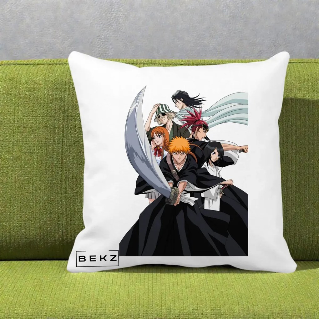 Perna Personalizata Bleach Grup Complet Ichigo si Prietenii, 40x40 cm, Alba Mata, Husa Detasabila, Perna Inclusa, BEKZ®
