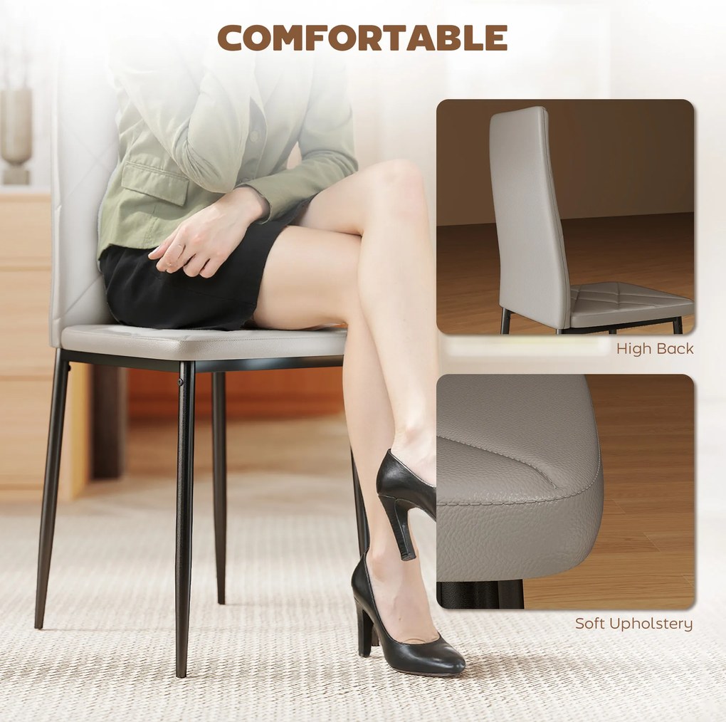 HOMCOM Set de 4 Scaune de Dining cu Spătar Înalt din Imitație de Piele și Oțel, 41x50x97cm, Gri | Aosom Romania