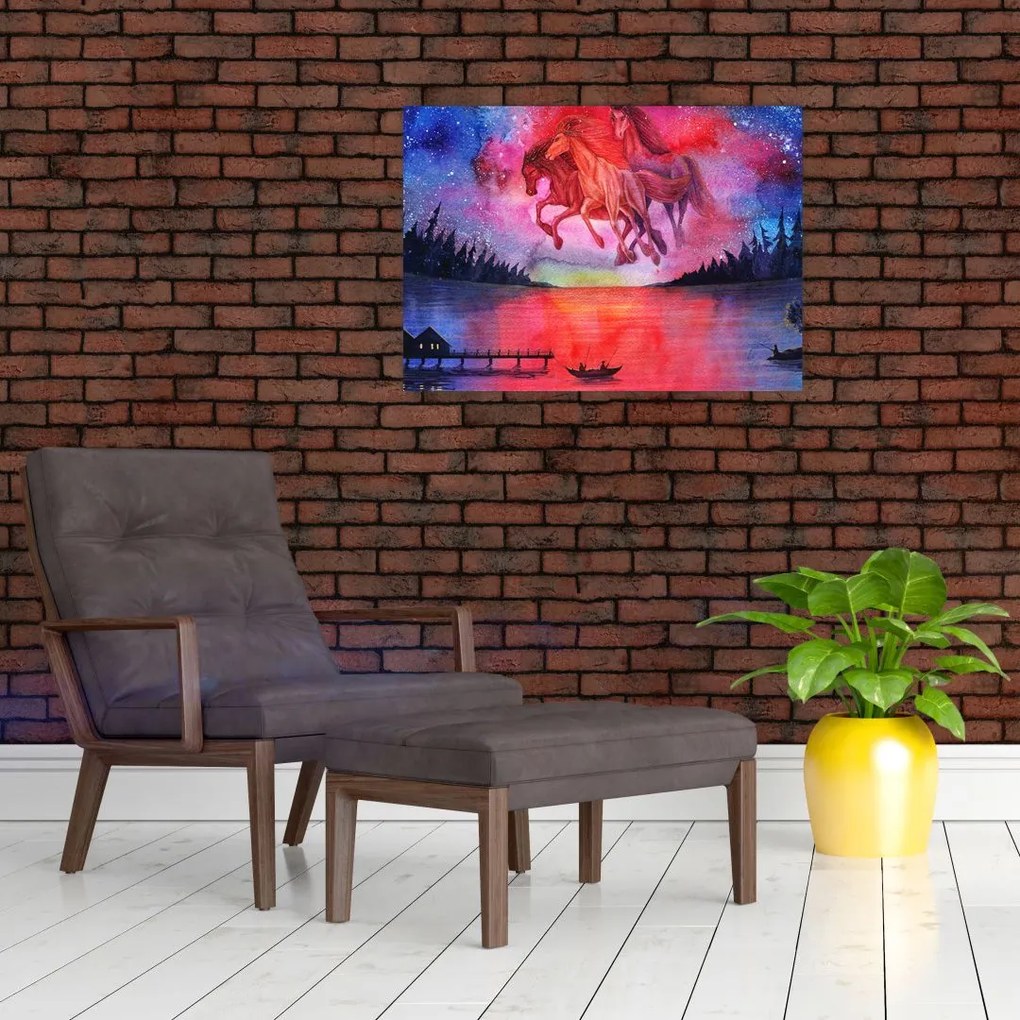 Tablou - Apariția cailor spațiali peste lac, acuarelă (70x50 cm)