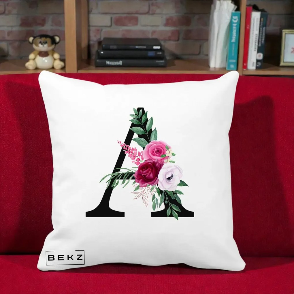 Cadou Personalizat - Perna Personalizata Monograma Florala Litera A, 40x40 cm, Alba Mata, Husa Detasabila, Perna Inclusa, BEKZ®