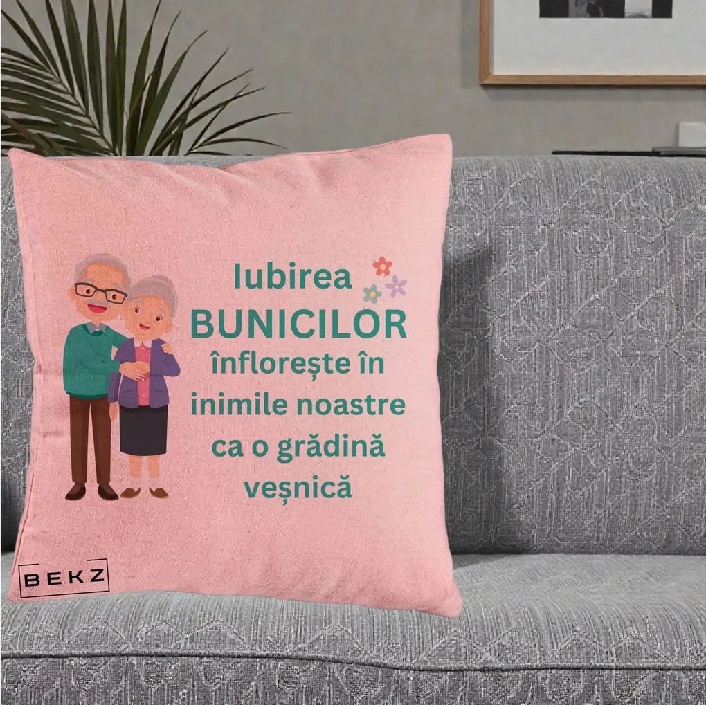 Cadou pentru Bunici - Perna Personalizata Bunicii Iubirea Infloreste Cuplu Senior Teal, 40x40 cm, Roz, Husa Detasabila, Perna Inclusa, BEKZ®