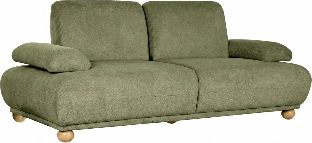 Canapea extensibilă cu 3 locuri din bumbac, verde, spătar rabatabil, picioare sferice din lemn, material rezistent la pete, 95 x 245 x 125 cm,