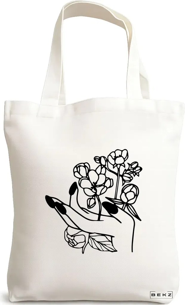 Sacosa de Panza pentru Cumparaturi, Geanta Tote, model Floral Hand, 38x34.5 cm, Alba, BEKZ®