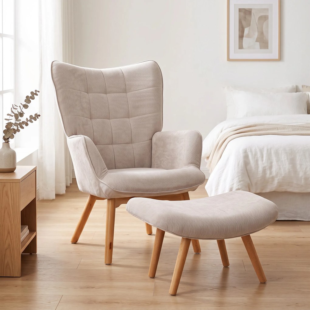 HOMCOM Fotoliu cu Taburet pentru Cameră sau Living din Catifea cu Model Crestat , Spătar Înalt și Brațe, 72x80x101 cm, Bej | Aosom Romania