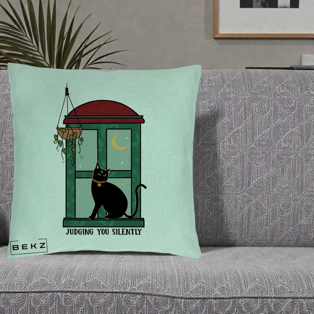 Perna Decorativa Judging You Silently Pisica Geam, 40x40 cm, Verde Menta, Husa Detasabila, Perna Inclusa, BEKZ®