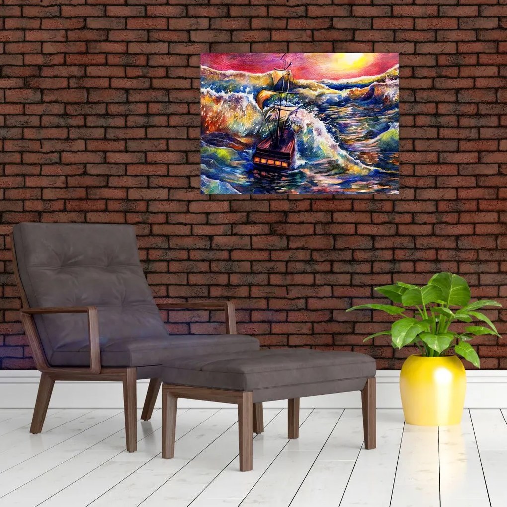 Tablou - Navă pe valurile oceanului, aquarelă (70x50 cm)