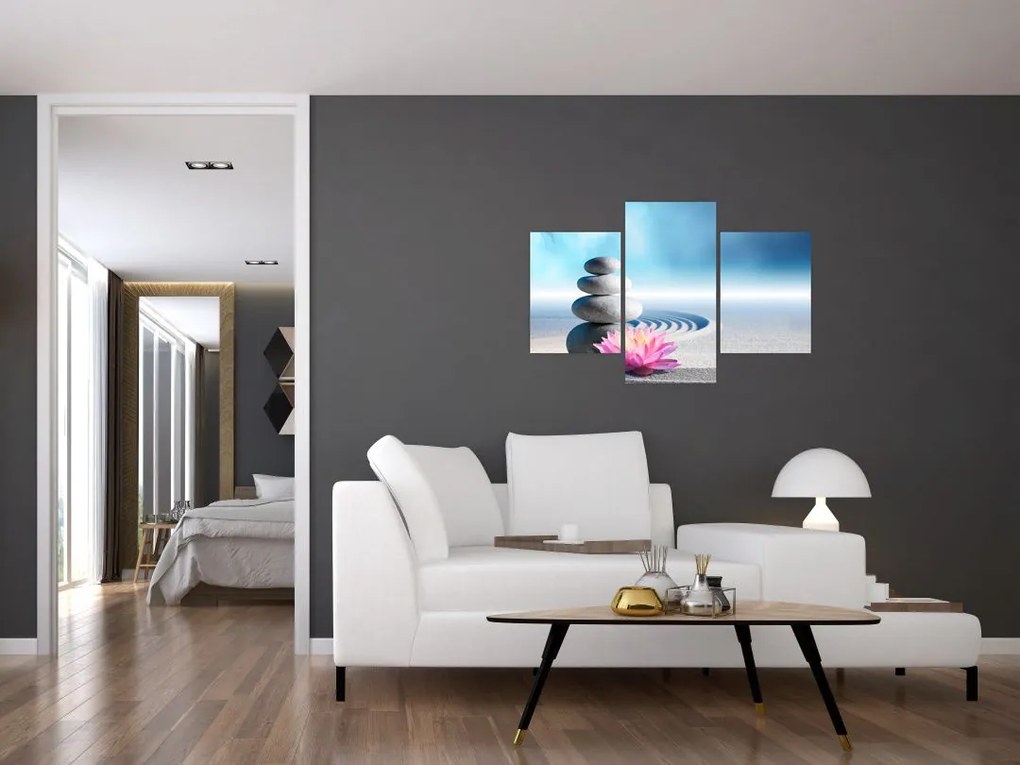 Tablou cu nisip, crin și pietrele spa (90x60 cm)