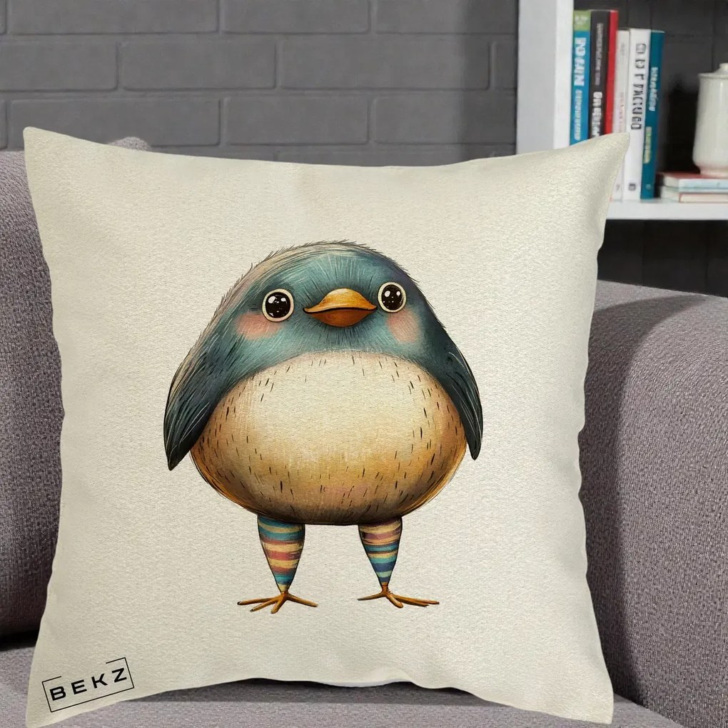 Perna Decorativa Pasare Teal-Bej cu Sosete Curcubeu, 40x40 cm, Ecru, Husa Detasabila, Perna Inclusa, BEKZ®