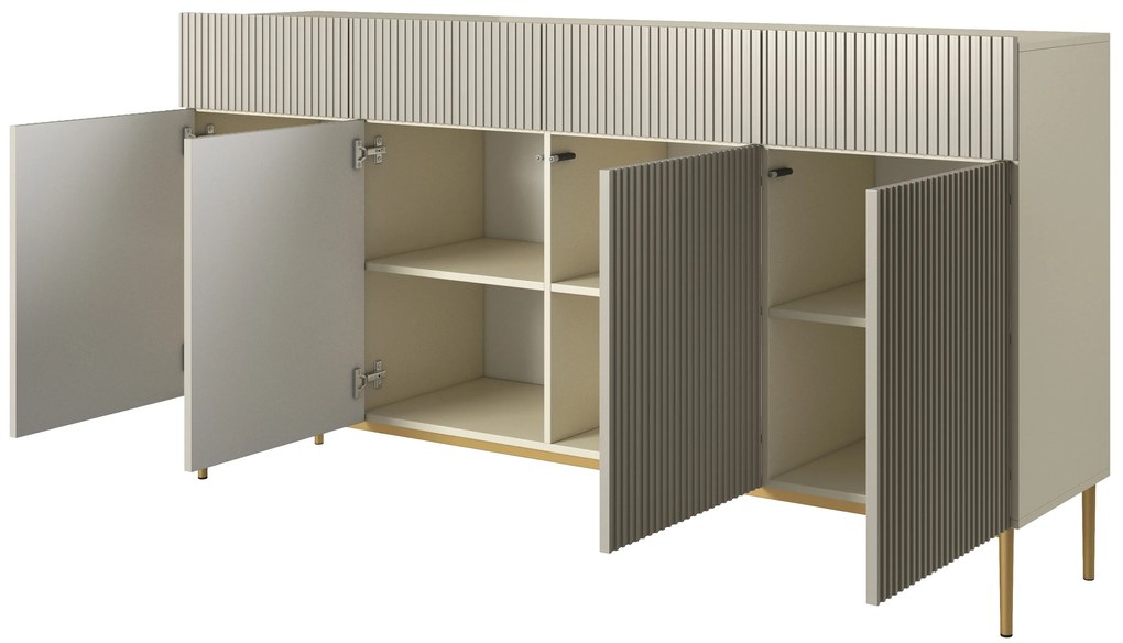 Comodă cu patru uși Nicole 200 cm cu sertare, fronturi riflate - casmir / picioare aurii