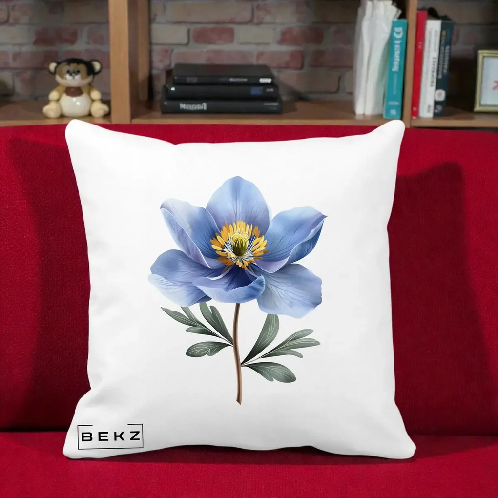 Perna Decorativa Anemona Albastra Botanica, 40x40 cm, Alba Mata, Husa Detasabila, Perna Inclusa, BEKZ®