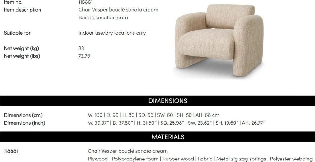 Fotoliu modern LUX Vesper, Boucle sonata cream