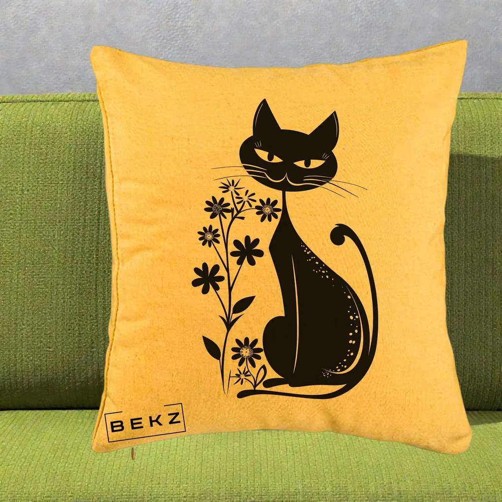 Perna Decorativa Pisica Neagra Grafica Minimalista, 40x40 cm, Galben, Husa Detasabila, Perna Inclusa, BEKZ®