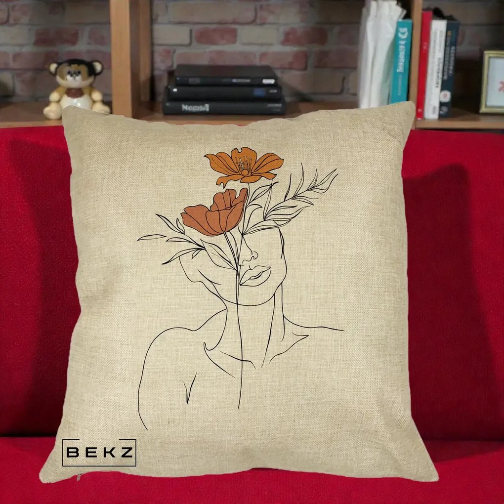 Perna Decorativa Portret Feminin Doua Flori, 40x40 cm, Crem, Husa Detasabila, Perna Inclusa, BEKZ®