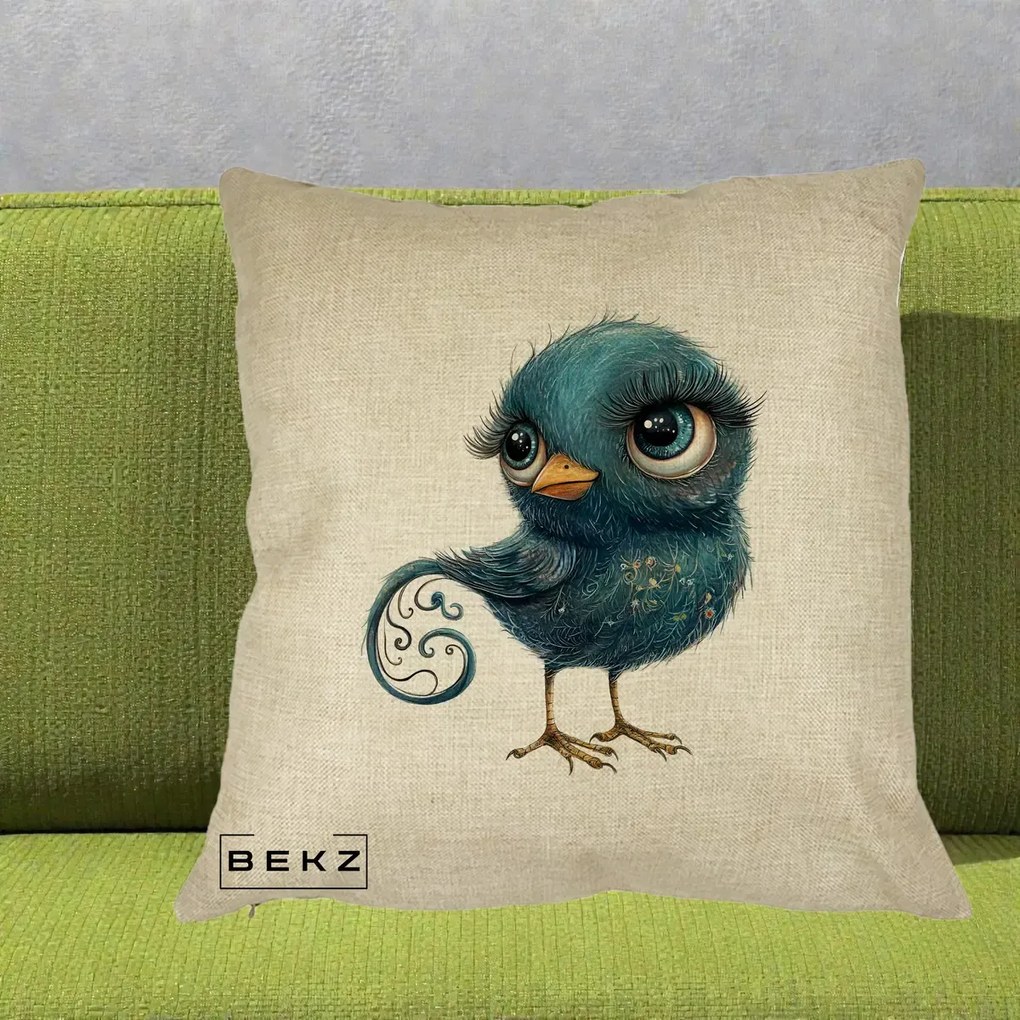 Perna Decorativa Pasare Teal cu Motive Aurii si Coada Spiralata, 40x40 cm, Crem, Husa Detasabila, Perna Inclusa, BEKZ®
