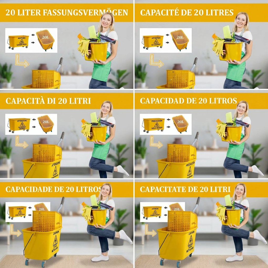HOMCOM Găleată de spălat pardoseli 20L cu mop, storcător, roți și mâner Galben | Aosom Romania