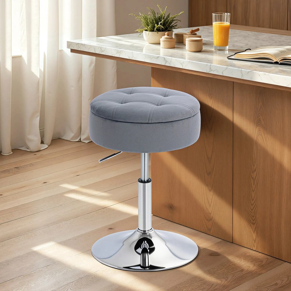 HOMCOM Round Bar Stool, Height Adjustable Swivel Pub Chair with Storage and Metal Base, Backless Tufted Makeup Stool for Breakfast Counter, Kitchen Island, Bedroom, Living Room, Grey | Aosom Romania