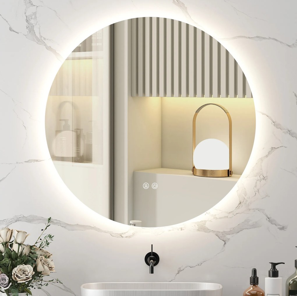 Kleankin Oglinda de Baie Rotunda cu Lumina LED in 3 Culori si intrerupatoare Touch, Ø70x3.5 cm, Transparent | Aosom Romania