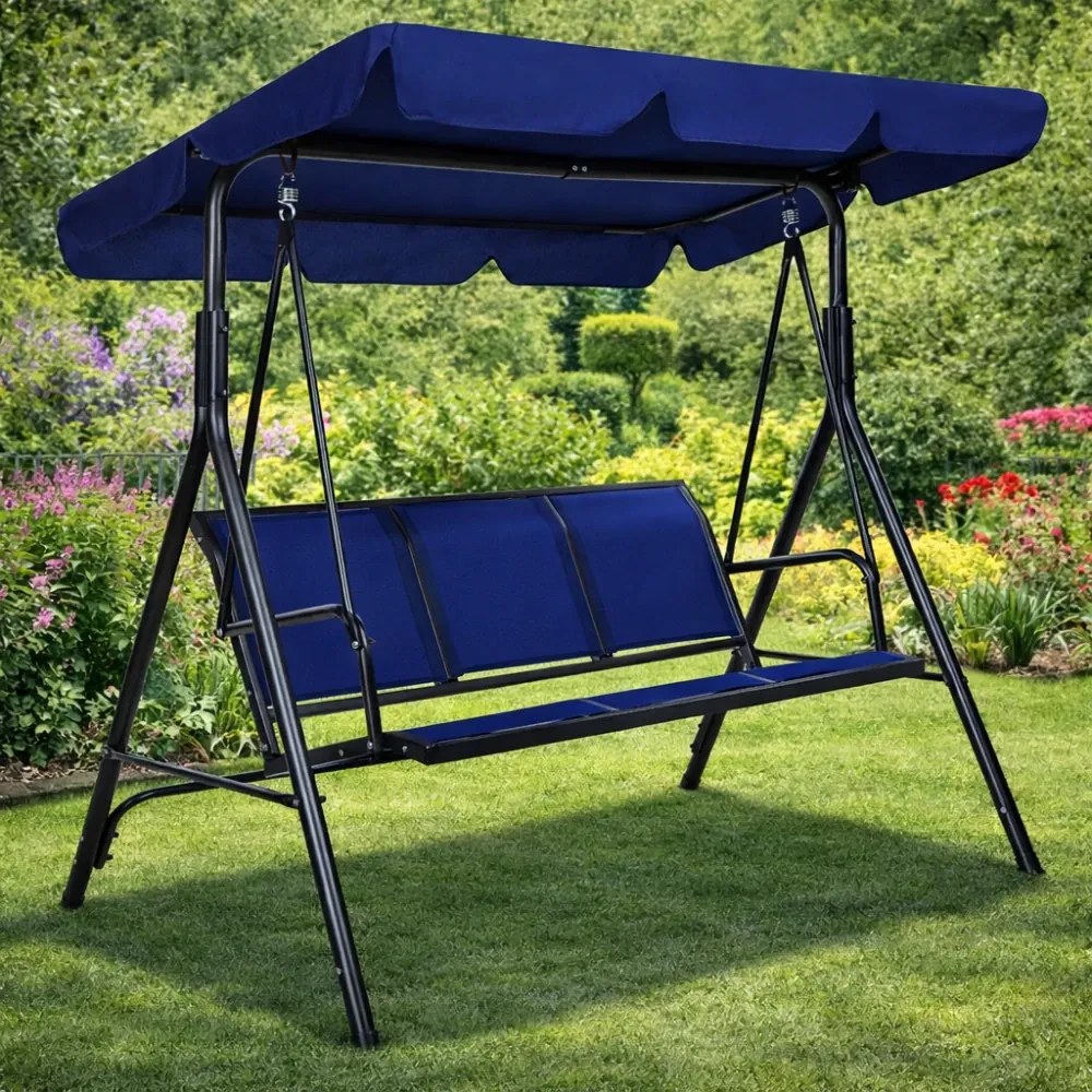 Balansoar de grădină, 3 locuri, cu baldachin și cadru din oțel, Navy Blue
