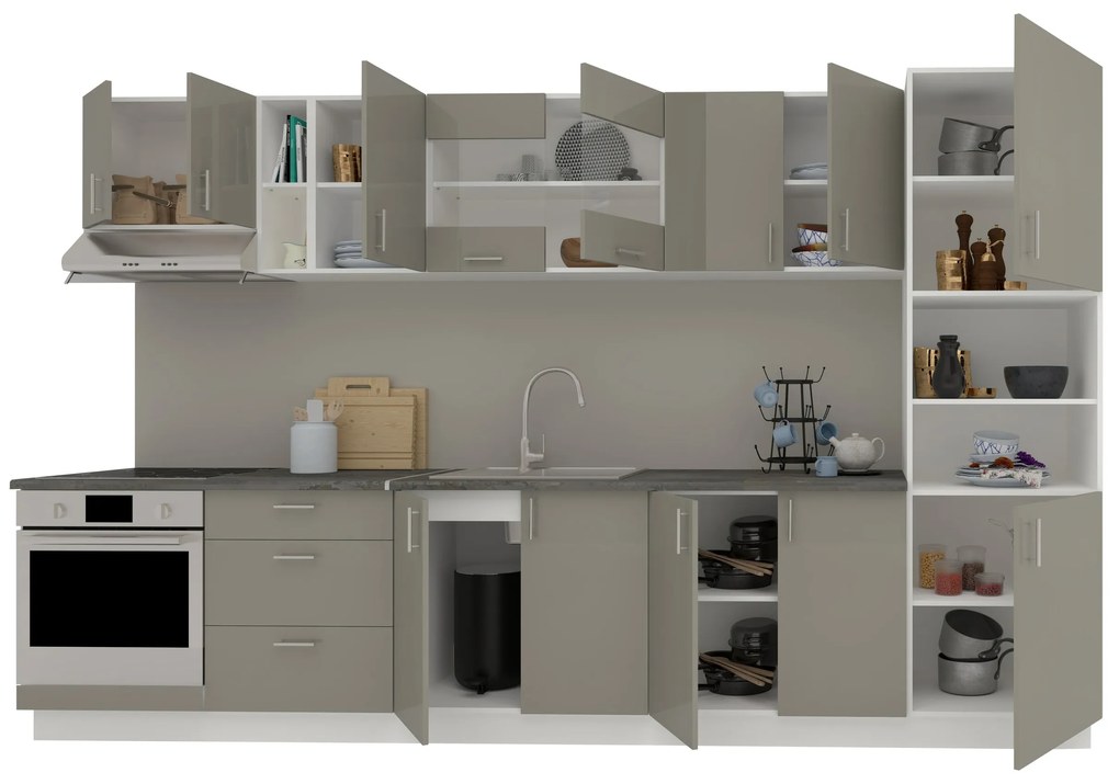 Set Bucatarie Karo V31, Gri Lucios/Alb, MDF, Blat Thermo 28 mm, L 340 cm