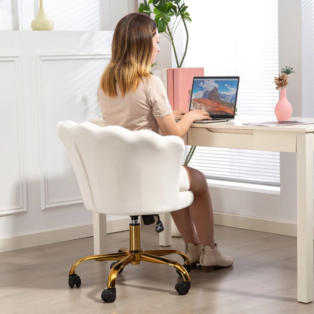 HOMCOM Scaun birou din catifea, scaun coafeză cu spătar în formă de petală, înălțime reglabilă, 69 x 64 x 80-90 cm, alb | Aosom Romania