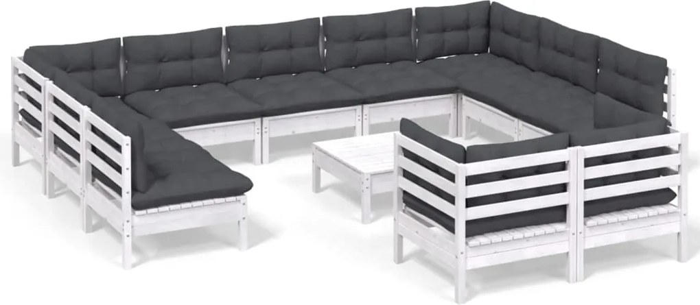 vidaXL Set mobilier grădină cu perne, 12 piese, alb, lemn masiv pin