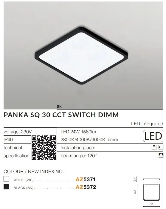 Plafoniera slim LED dimabil, protectie IP40 PANKA SQ 30 CCT alb