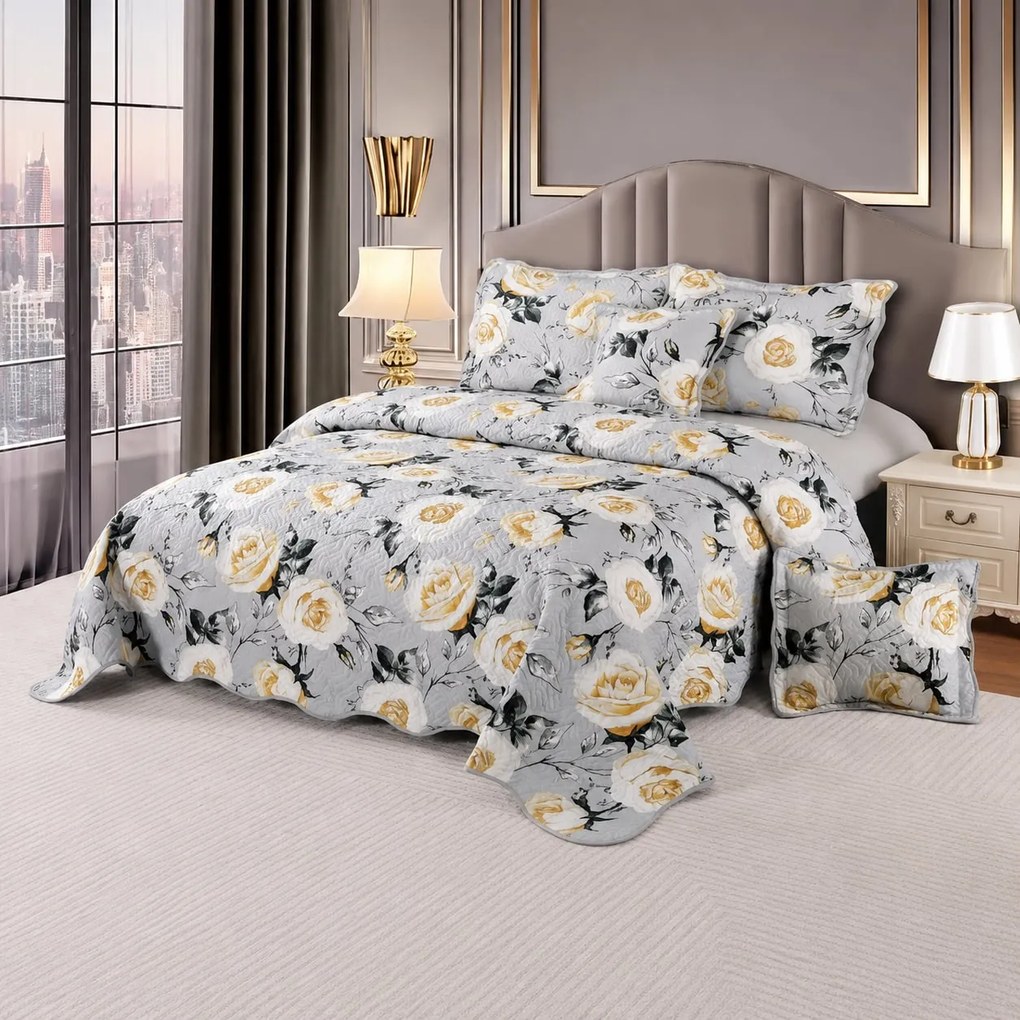 Cuvertură bumbac 100%, gri cu flori galbene, 5 piese, 230x250 cm, CB378